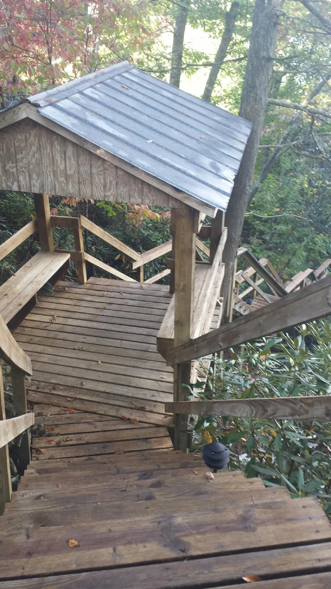Metal roofed shelter over wooden steps on a wooded walkway — Skylight Repair & Installation work by our crew in Green Lake